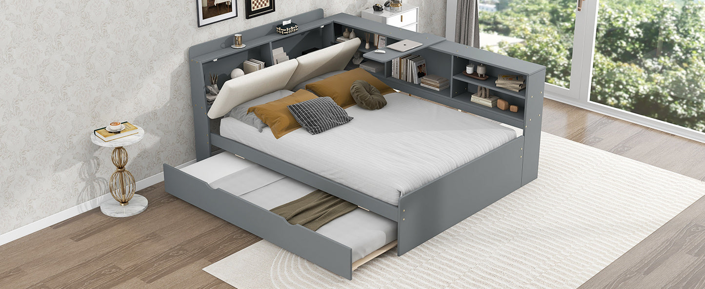 Wood Full Size platform bed with Trundle, Shelves and Storage Headboard, Gray