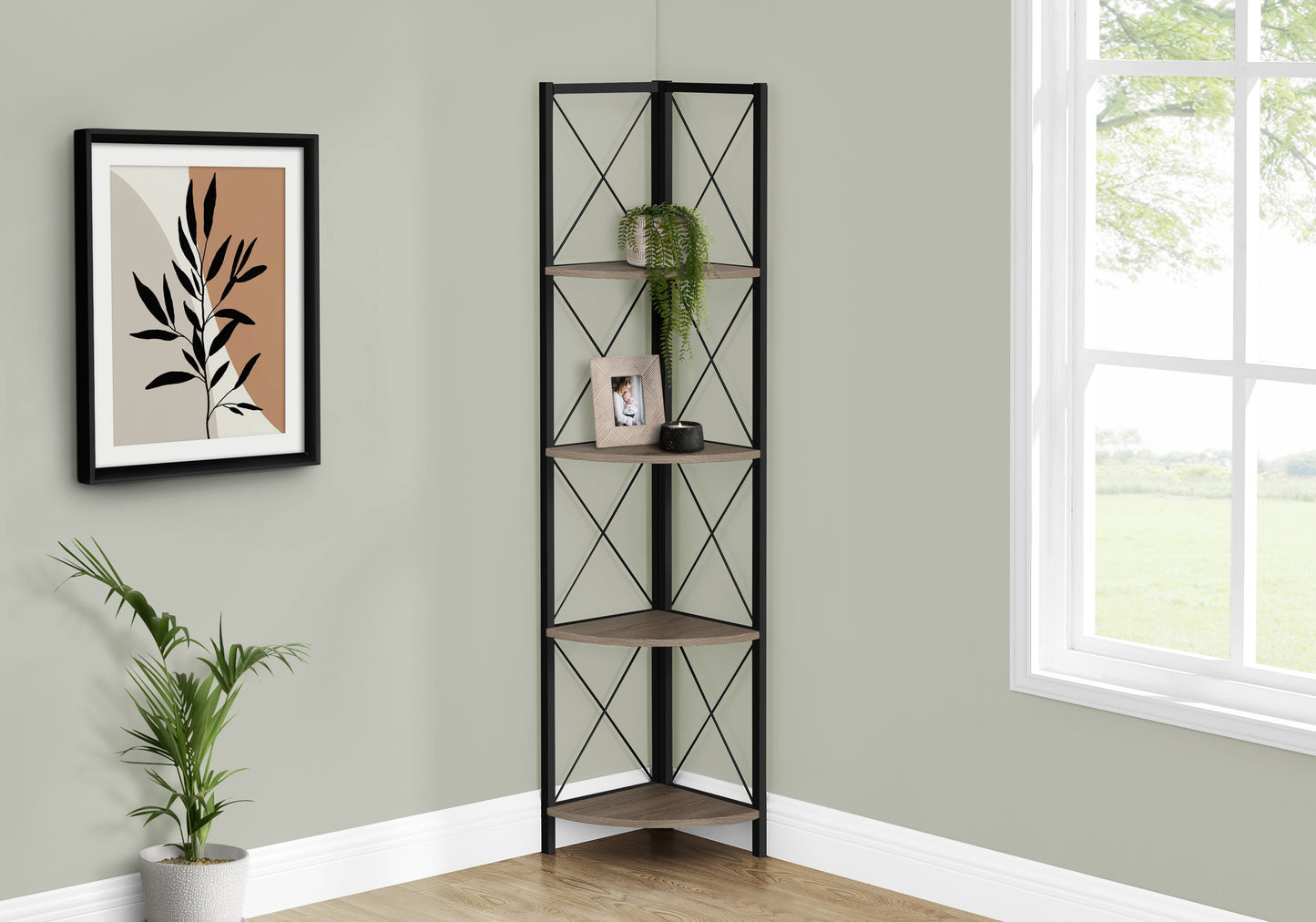 Bookshelf, Bookcase, Etagere, Corner, 4 Tier, 60"h, Office, Bedroom, Brown Laminate, Black Metal, Contemporary, Modern