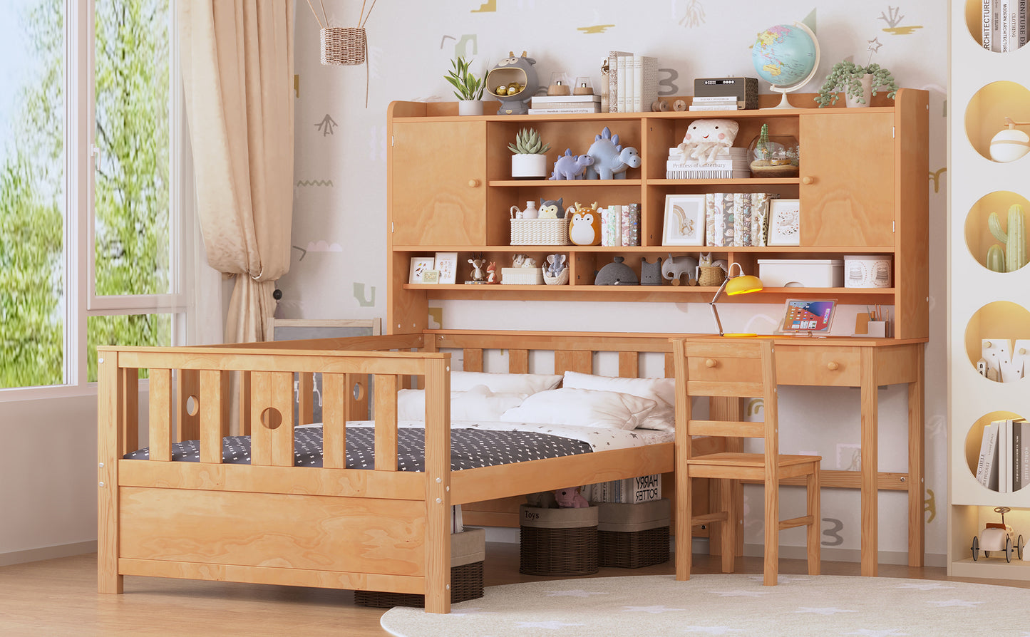 Twin Size Multifunctional Wood Platform Bed with Bookshelf at the Head of the Bed, Built-in Desk and Matching Chair, Natural