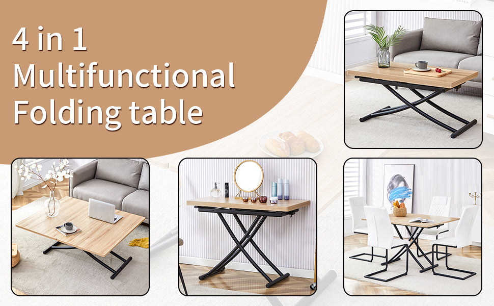 Modern minimalist multifunctional lift table with 0.8-inch MFC tabletop and black metal legs, can be used as dressing table, coffee table, dining table, and office desk.  LT-10055