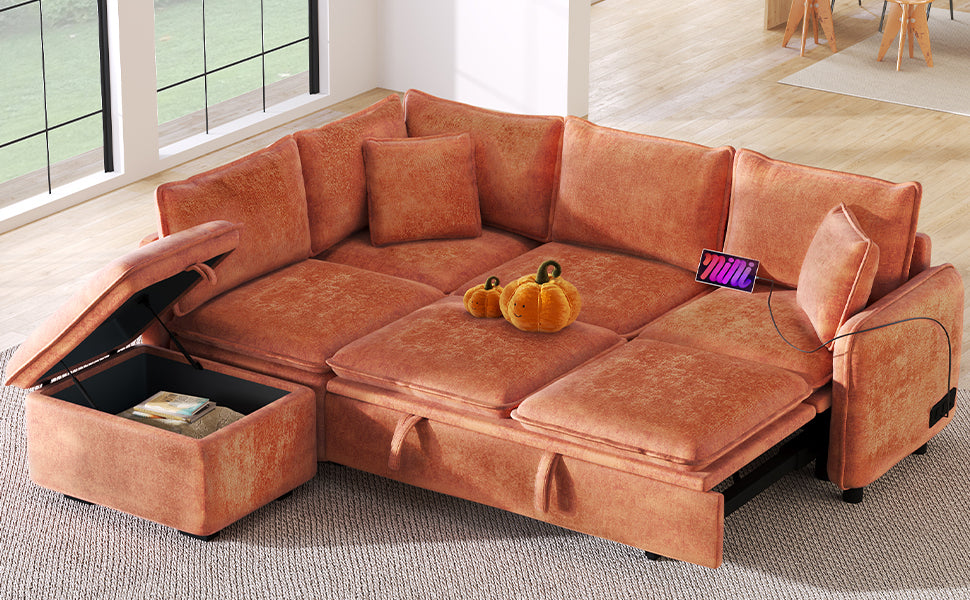 82.67"Convertible Sofa Bed Sectional Sofa Sleeper L-shaped Sofa with a Storage Ottoman,Two Pillows, Two Power Sockets and Two USB Ports for Living Room, Orange