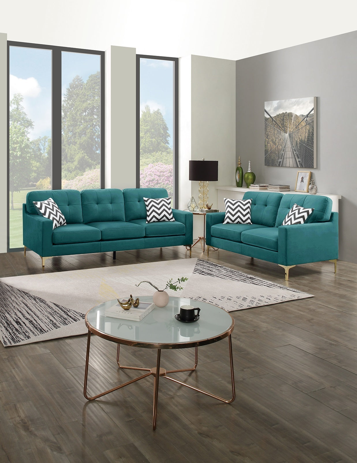 Eye-Catching Attractive 2pc Sofa Set Teal Blue Velvet Fabric Sofa Loveseat w Pillows Couch Firm Tufted Cushions Living Room