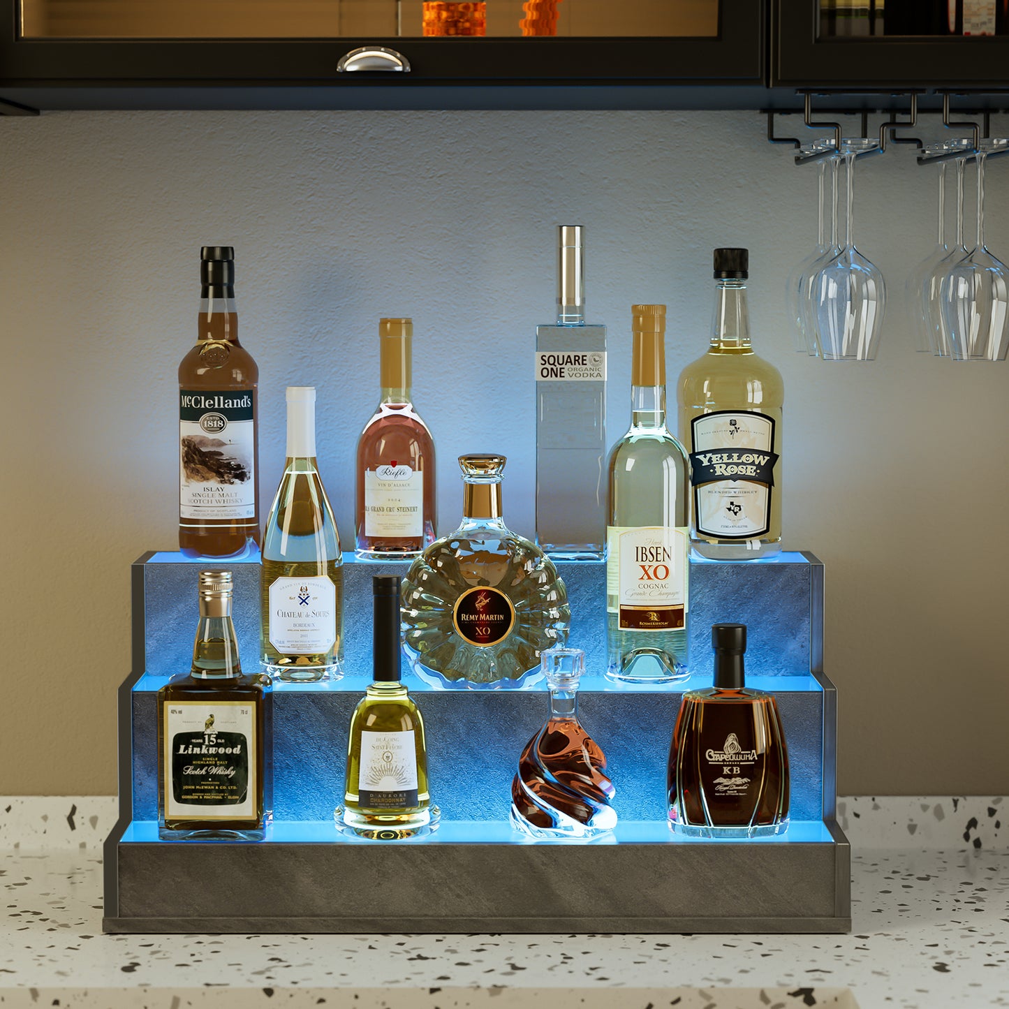 LED Lighted Liquor Bottle Display Shelf, 24 Inch Bar Display Shelf, DIY Illuminated Bottle Shelf with App & Remote Control, 3 Step Freestanding Holding Bottles for Home Bar, Party, Grey