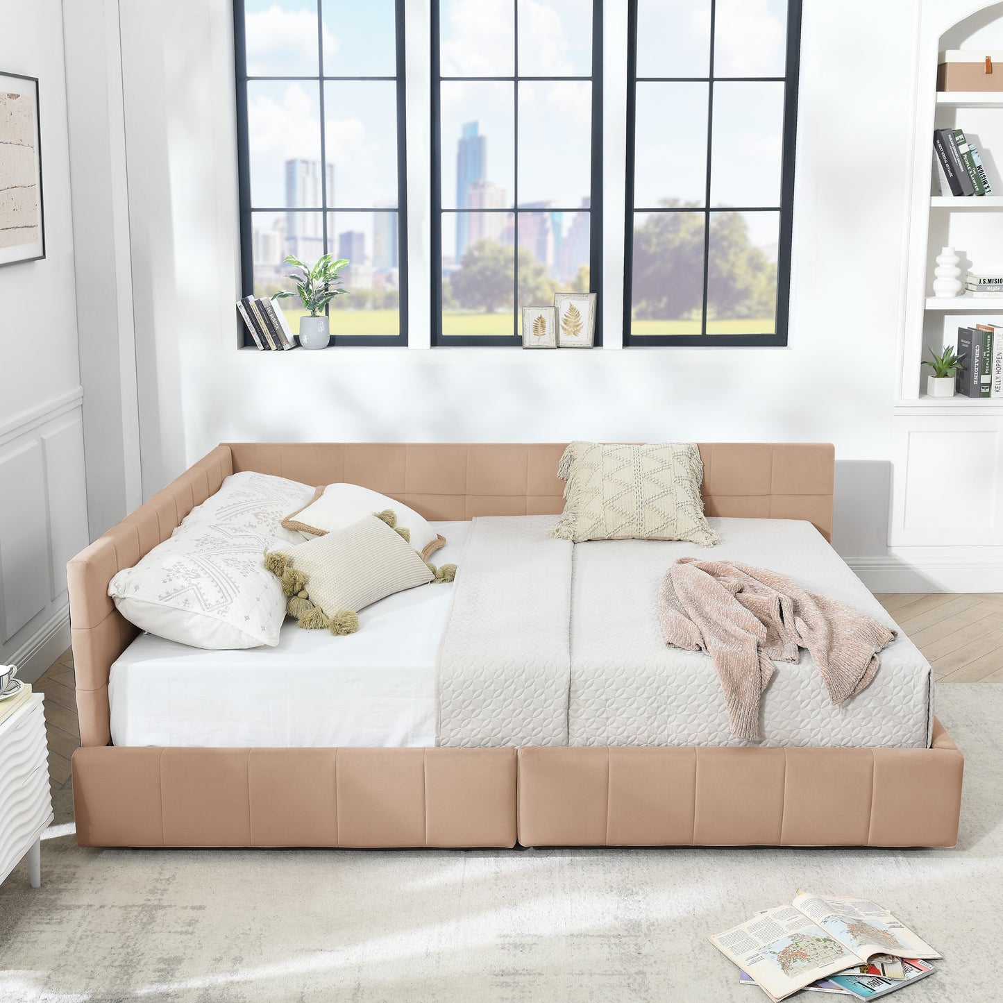 Queen Size Storage Upholstered Tufted Bed Frame, Sofa Bed Frame with Comfortable Backrest and Armrests, Queen Size Bed for Bedroom, Living Room,Velvet, PINK(85.5''*64.5''*29.5'')