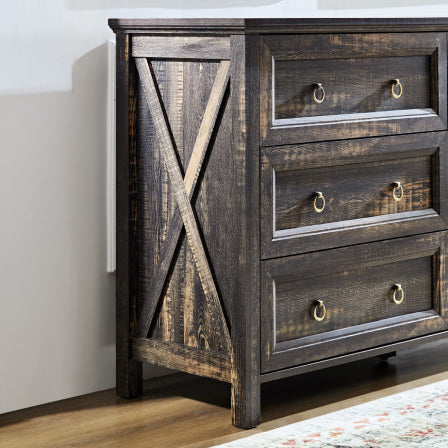 Farmhouse 6 Drawers Dresser for Bedroom, Wood Rustic Wide Chest of Drawers, Storage Dressers Organizer for Bedroom, Living Room, Hallway,Dark Rustic Oak