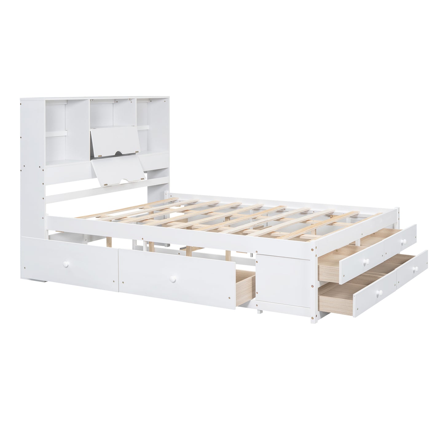 Queen Size Platform Bed with Storage Headboard and 8 Drawers, White