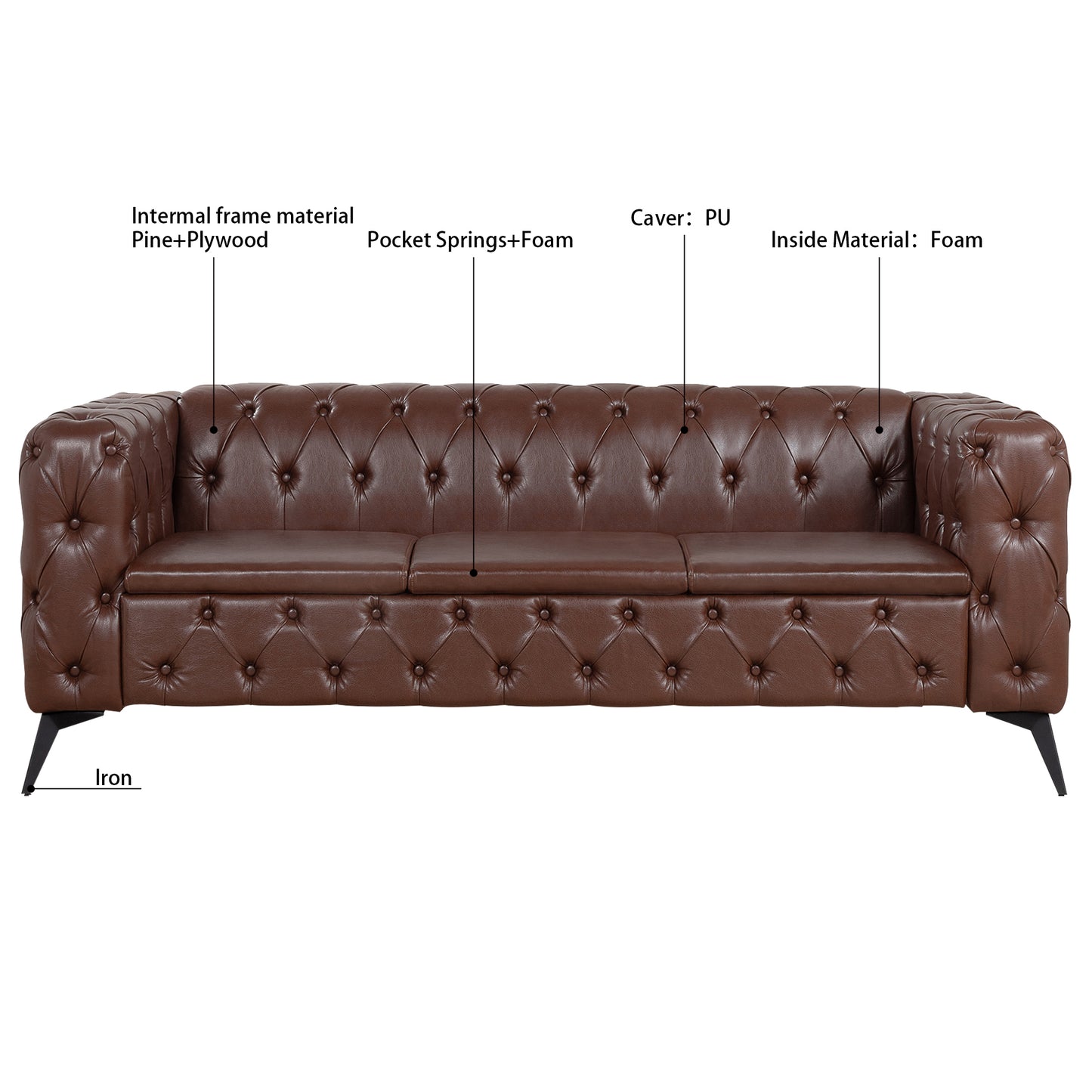 84.06Inch Width Traditional  Square Arm removable cushion 3 seater Sofa