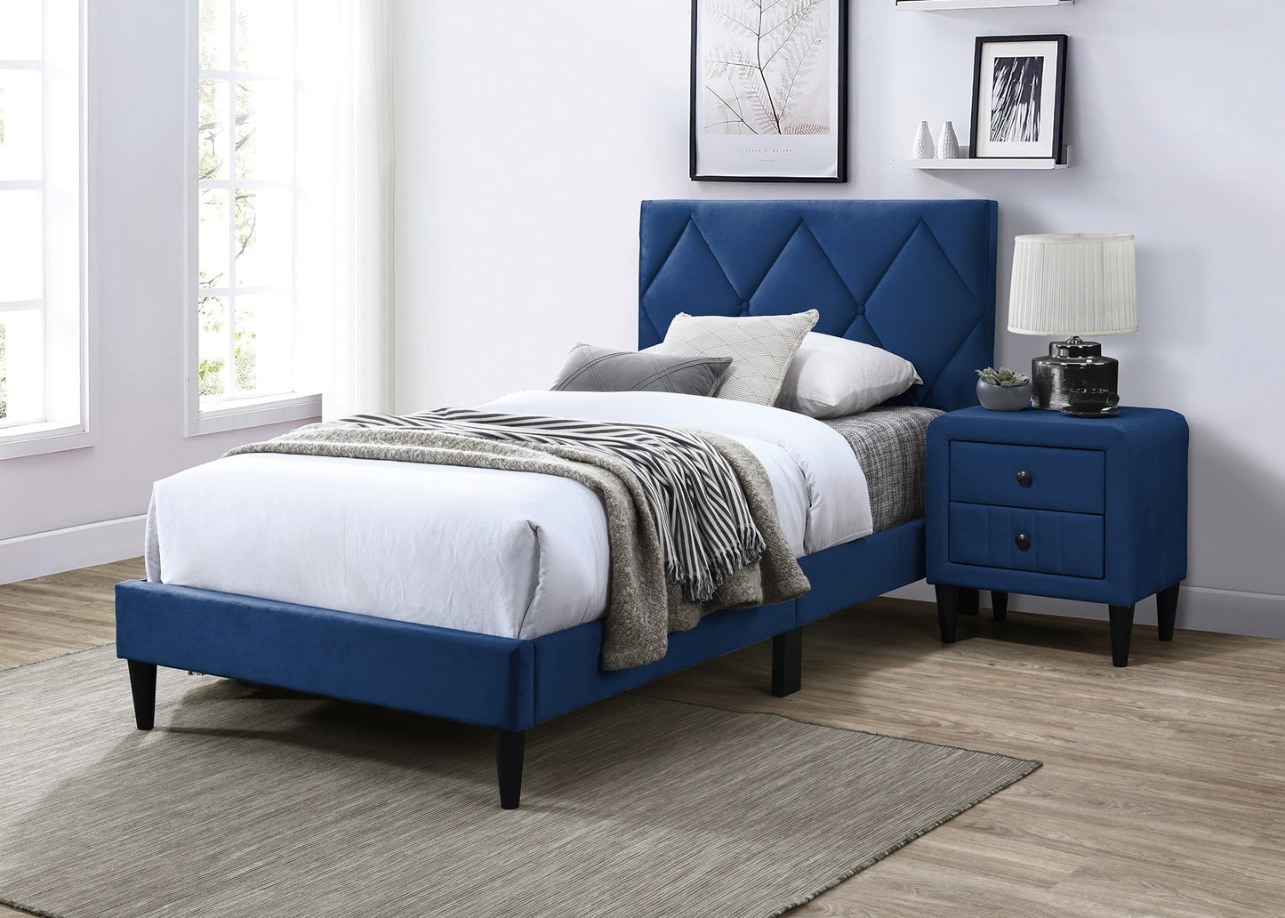 Twin Size Bed w Adjustable Headboard 1pc Bedframe, Navy Blue Velvet Upholstered Youth Bedroom Furniture