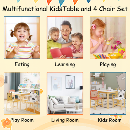 5 Piece Kiddy Table and Chair Set , Kids Wood Table with 4 Chairs Set Cartoon Animals (bigger table) (3-8 years old)