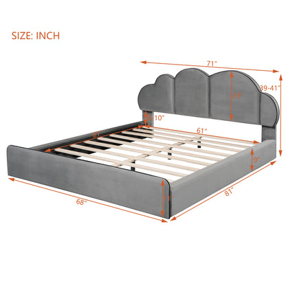 Queen size Upholstered Platform Bed with Cloud-shaped Headboard, Gray