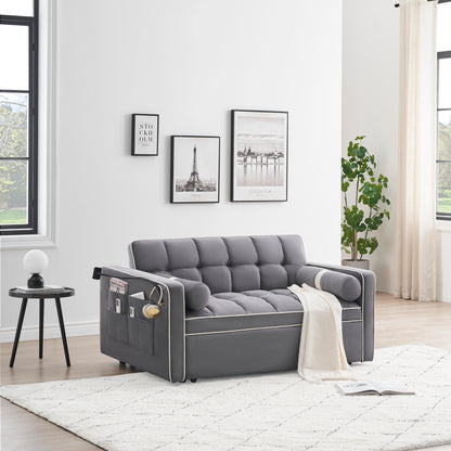 Sleeper Sofa Couch w/Pull Out Bed, 55" Modern Velvet Convertible Sleeper Sofa Bed, Small Love seat Sofa Bed w/Pillows & Side Pockets for Small Space, Living Room, Apartment,Gray