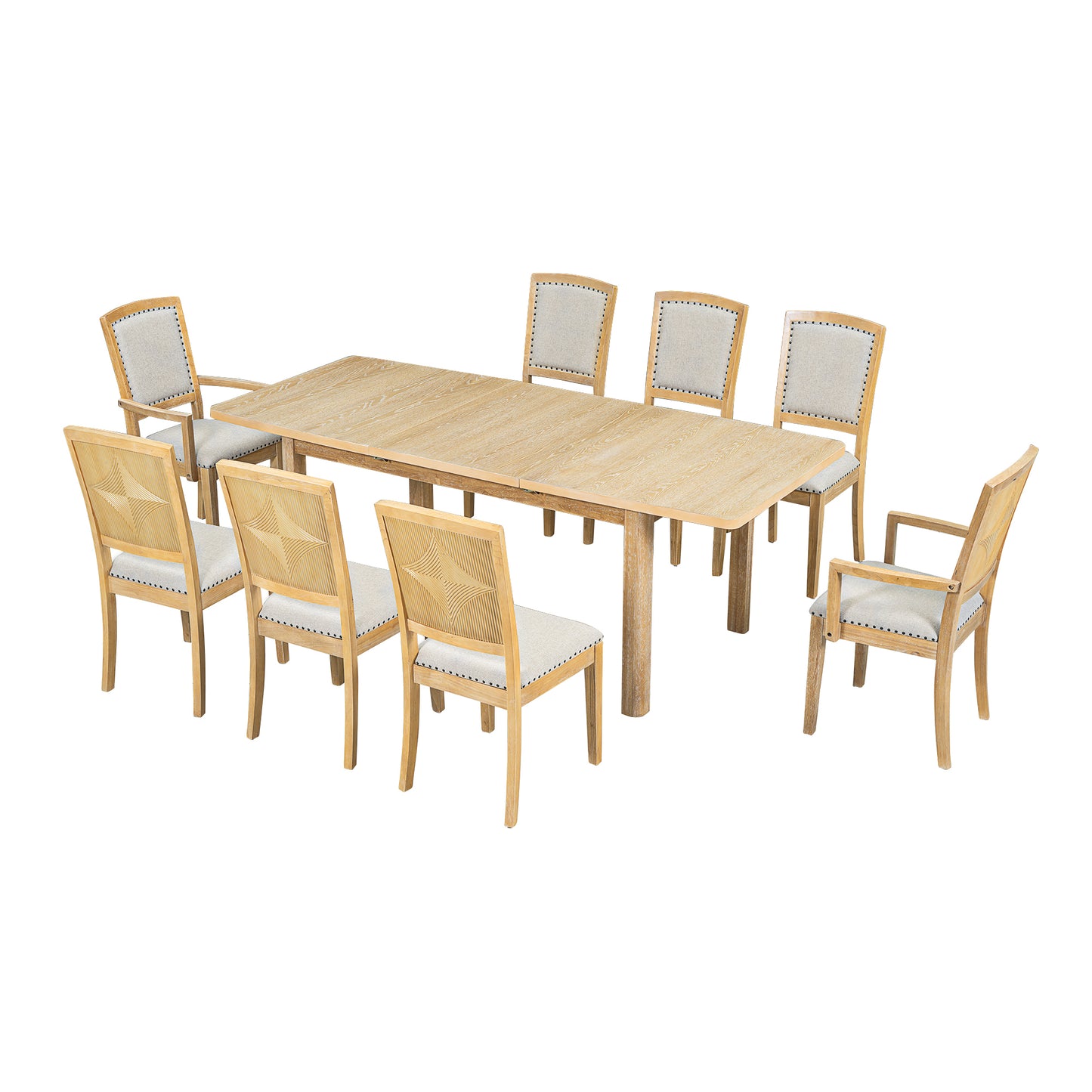 TOPMAX Rustic Extendable 84inch Dining Table Set with 24inch Removable Leaf , 6 Upholstered Armless Dining Chairs and 2 Padded Arm Chairs, 9 Pieces, Natural