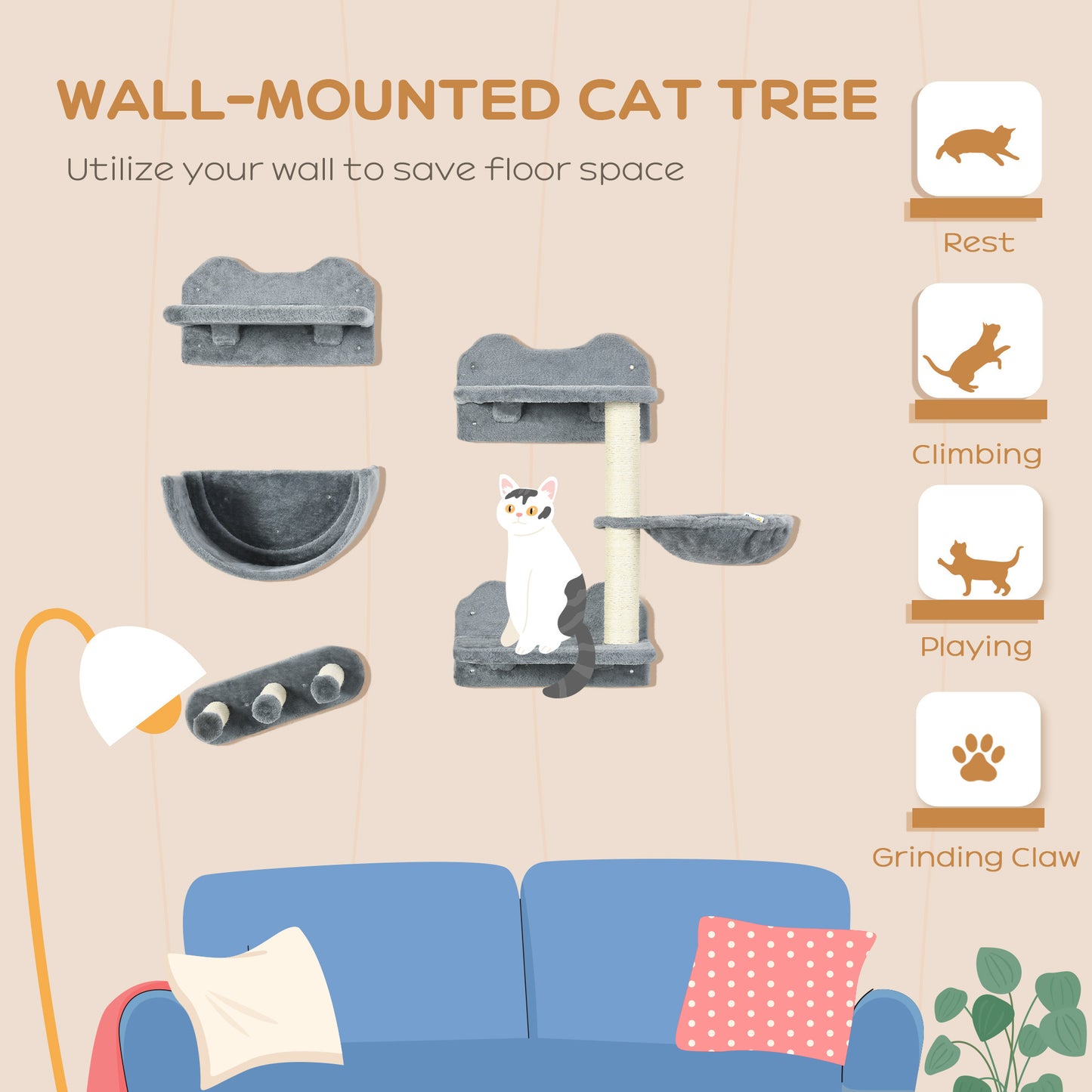 PawHut Cat Wall Shelves, 4 Pcs Cat Wall Furniture Cat Climbing Shelf with Cat Hammock, 3 Steps, Perches, Scratching Post, for Sleeping, Playing, Gray