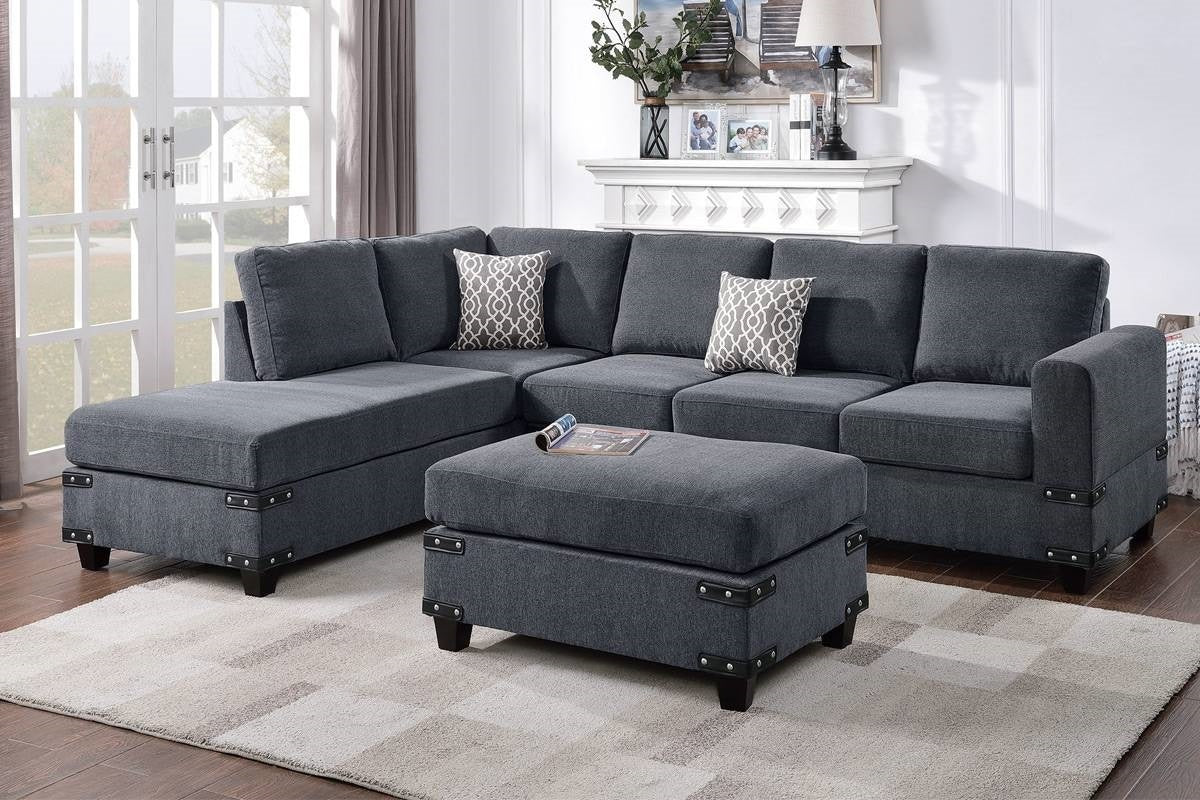 Living Room Furniture Charcoal Chenille Sectional w Ottoman Linen Like Fabric Sofa Reversible L/R Chaise Ottoman 3pc Sectional Sofa