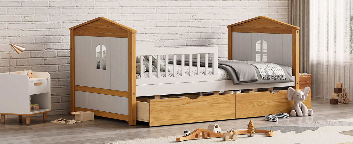 Twin Size House Shape Bed with Drawers and Safety Fence Guardrails Bed Toddler Bed for Girls Boys,No Box Spring Needed, Walnut and White