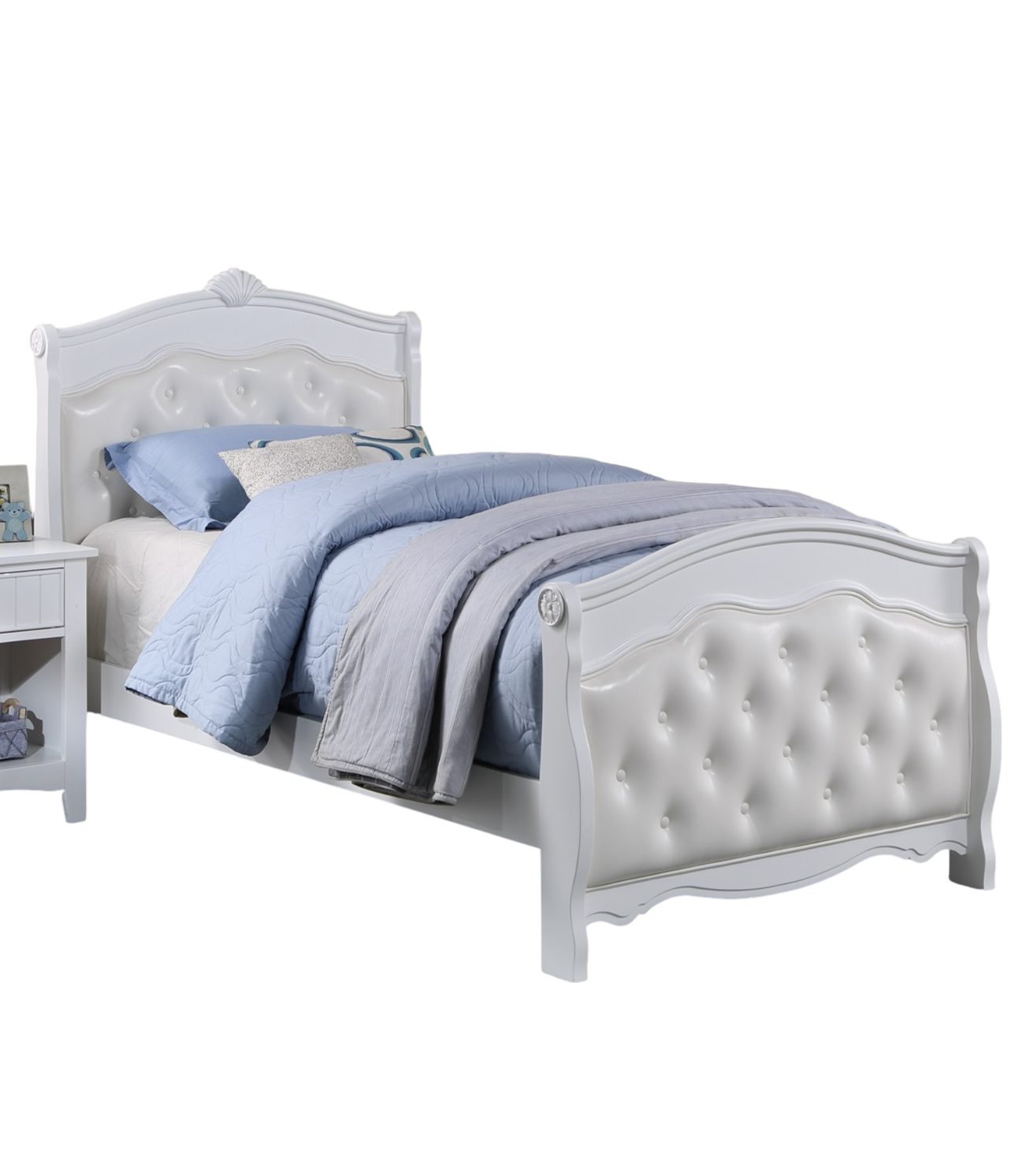 White Twin Size Bed Youth Bedroom Furniture White Faux Leather Headboard Footboard Plywood 1pc Bedframe