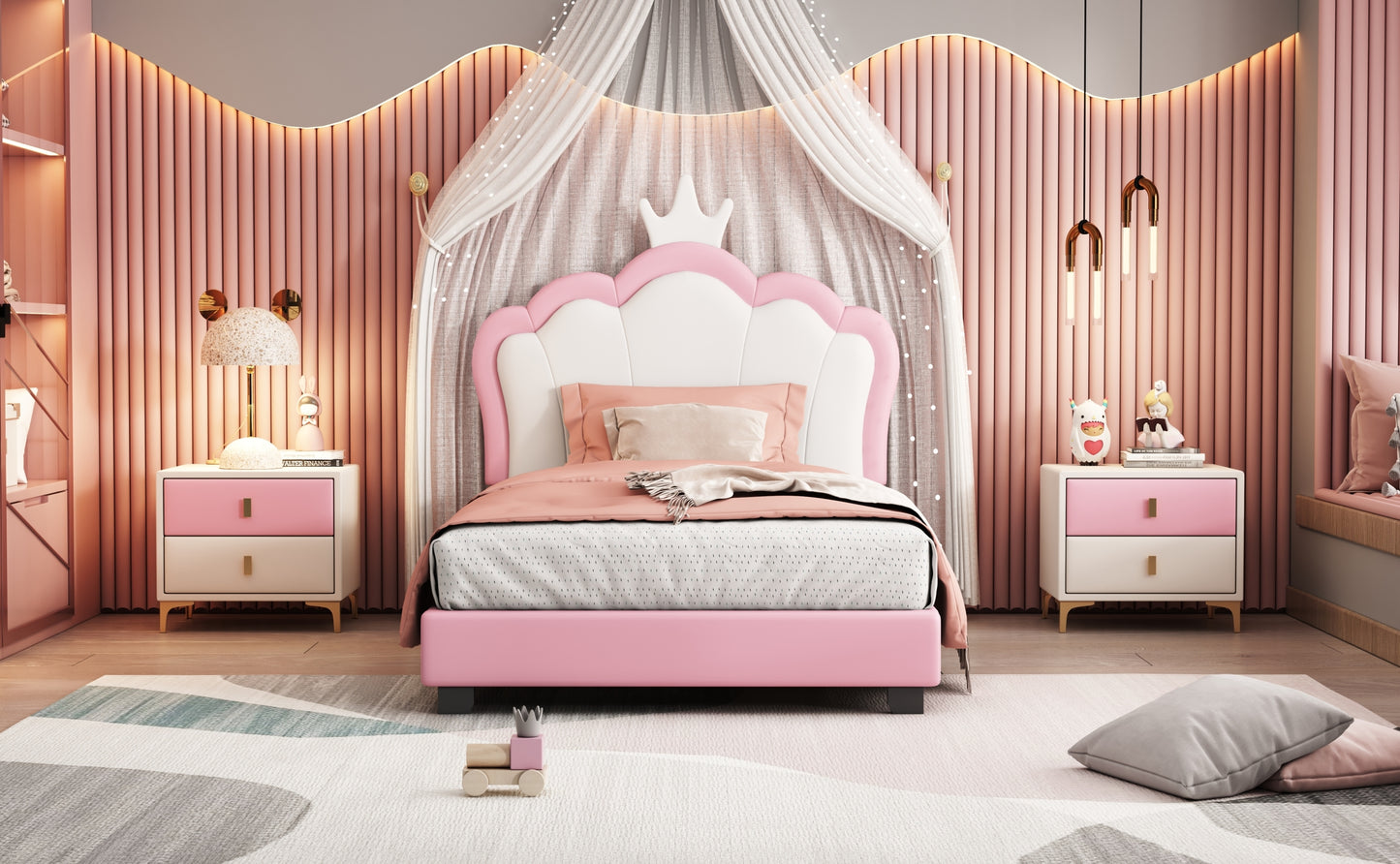 Twin size Upholstered Princess Bed With Crown Headboard,Twin Size Platform Bed with Headboard and Footboard,White+Pink