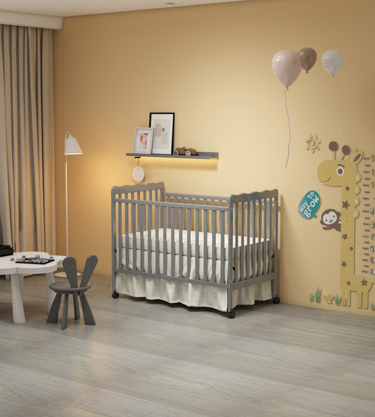 3-In-1 Convertible Crib In Storm Grey, Made Of Sustainable Pinewood, Non-Toxic Finish, Comes With Locking Wheels, Wooden Nursery Furniture