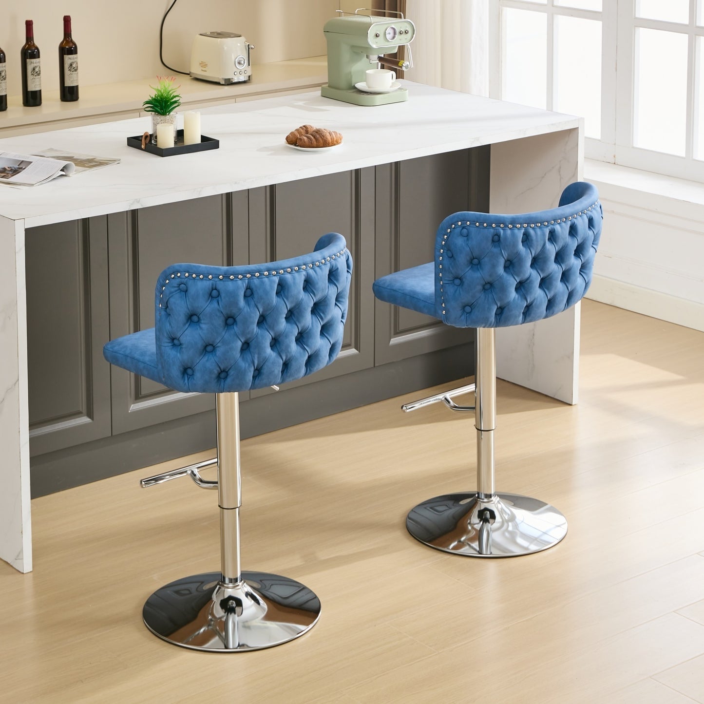 A&A Furniture,Swivel Barstools Adjusatble Seat Height With Chrome Base, Modern PU Upholstered Bar Stools with the whole Back Tufted, for Home Pub and Kitchen Island,Blue, Set of 2