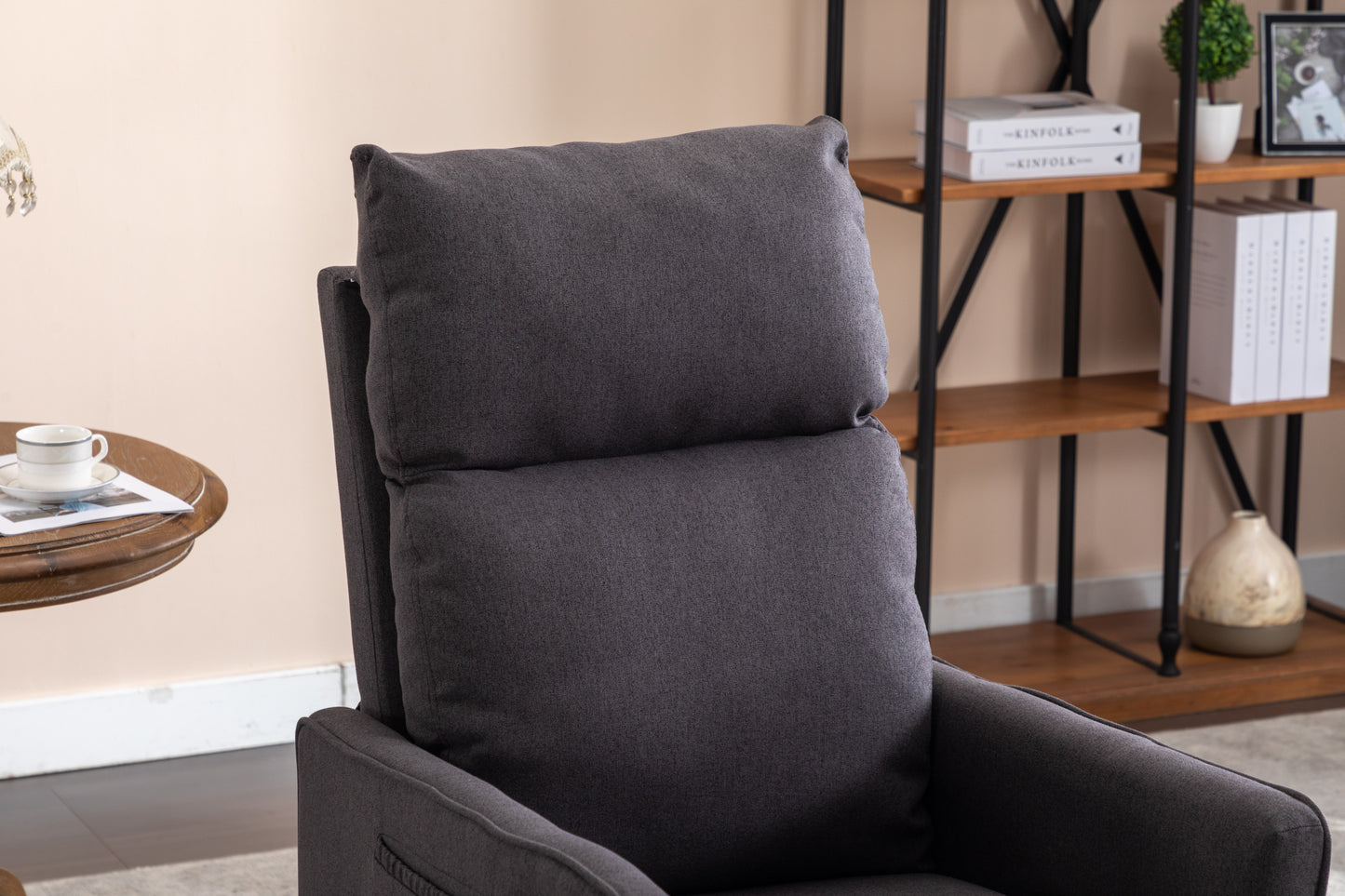 038-Cotton Linen Fabric Swivel Rocking Chair Glider Rocker Recliner Nursery Chair With Adjustable Back And Footrest For Living Room Indoor,Dark Gray