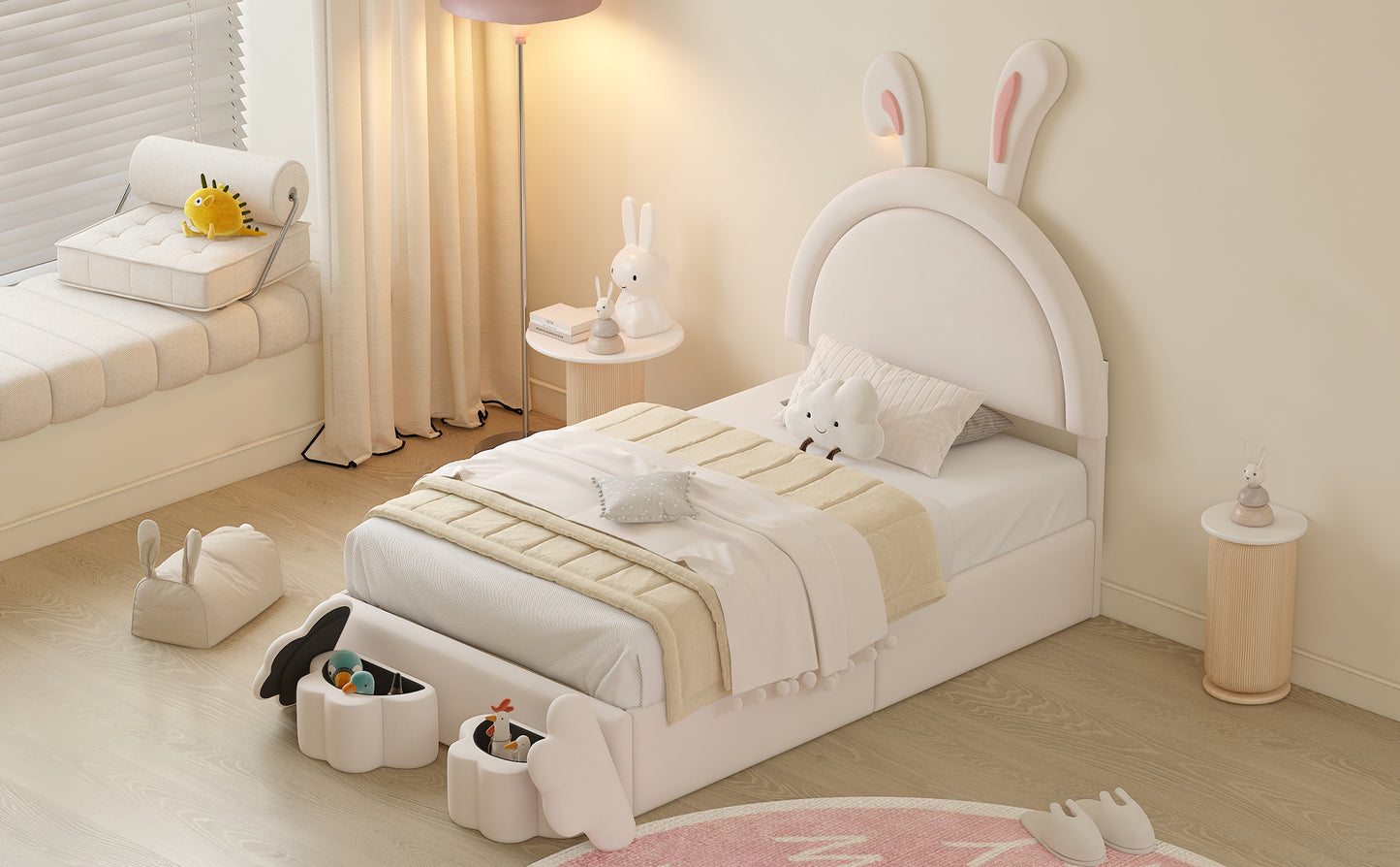 Twin size Upholstered Rabbit-Shape Bed with 2 Storage Stools, Velvet Platform Bed with Cartoon Ears Shaped Headboard, White