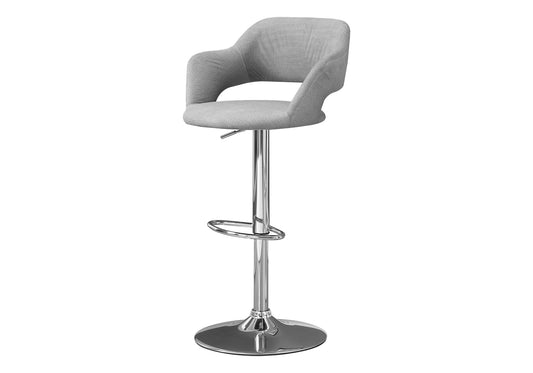 Bar Stool, Swivel, Bar Height, Adjustable, Chrome Metal, Grey Fabric, Contemporary, Modern