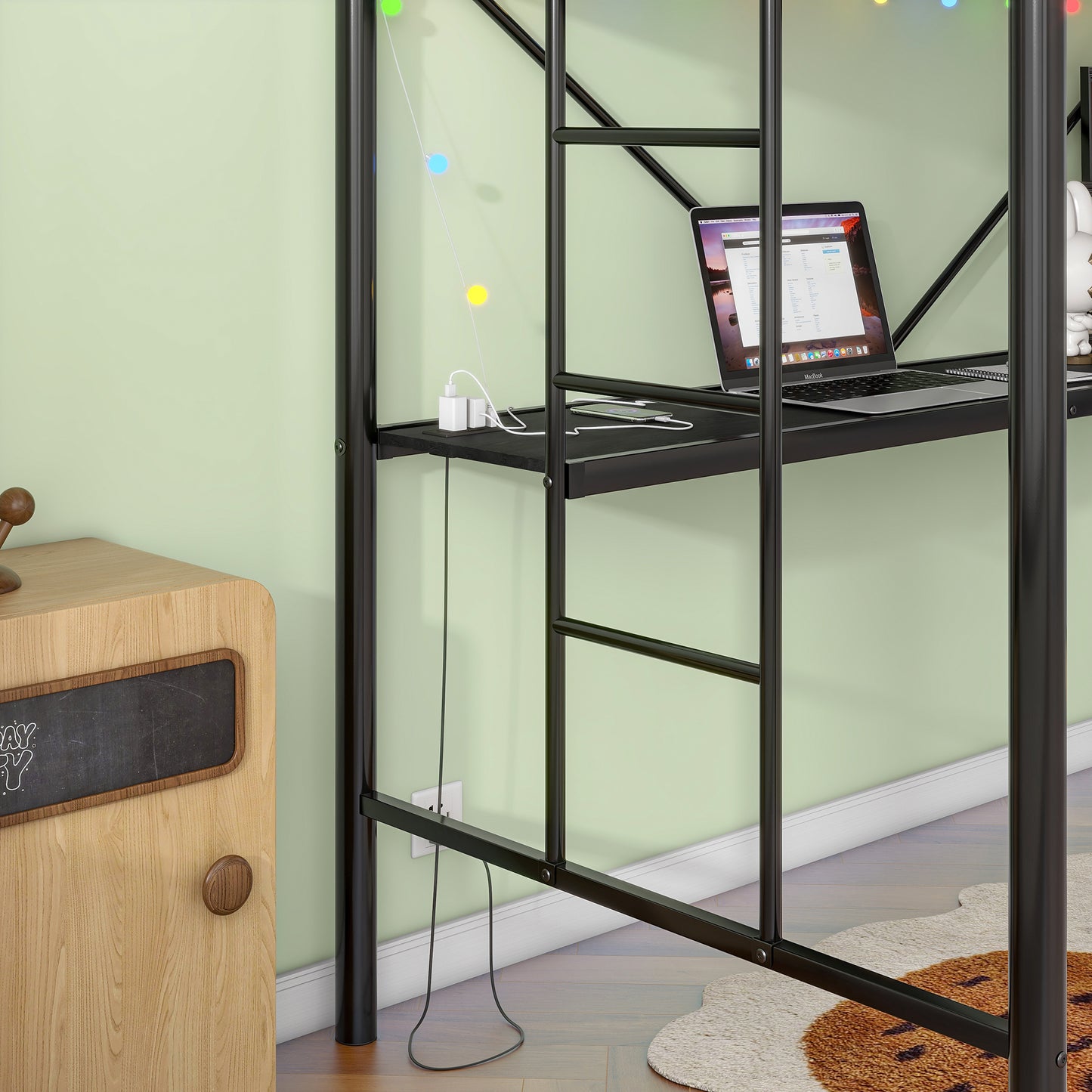 Twin Metal Loft Bed with Desk, Power Outlet and LED Lighted , Safety Guard & Ladder, No Box Spring Needed, Black