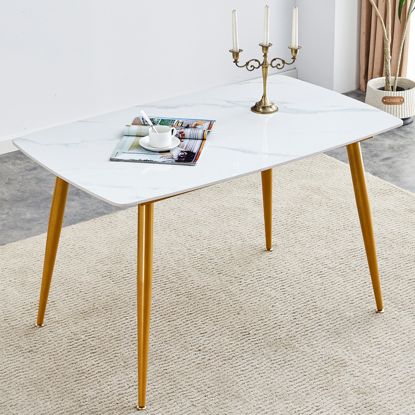 Modern minimalist dining table. White imitation marble patterned stone burning tabletop with golden metal legs. 50 "* 30" * 30 "F-001