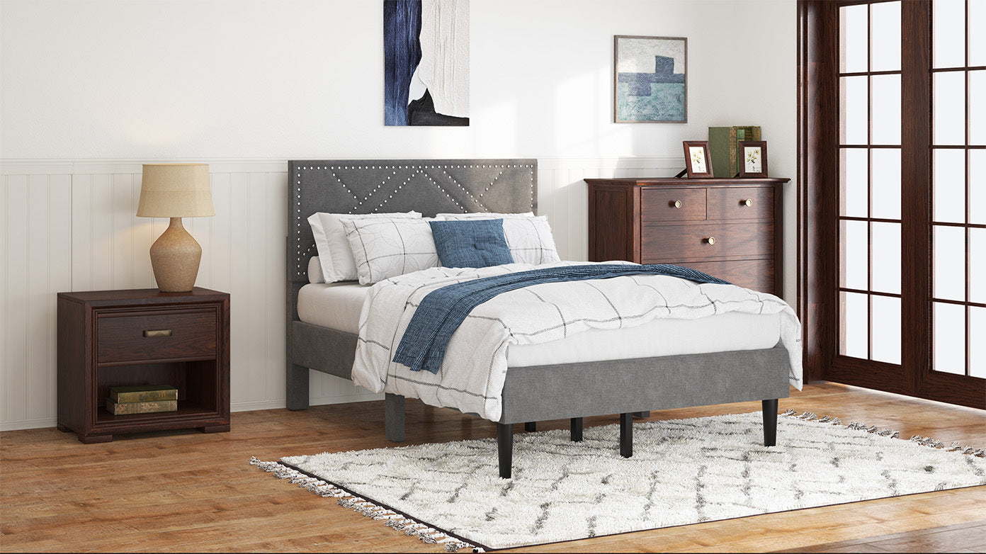 Full Size Bed Frame with Storage Headboard, Metal Platform Bed No Noise, Mattress Foundation Strong Metal Slats Support No Box Spring Needed