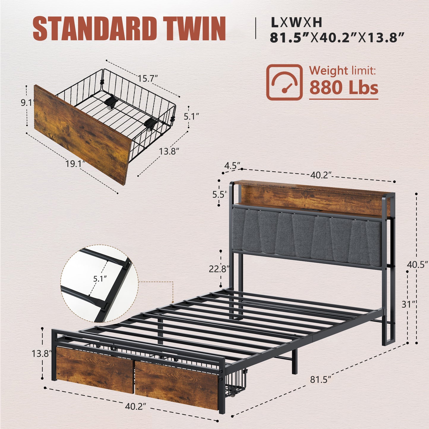 Twin Size Bed Frame Upholstered Platform Bed Frame with Storage Drawers, USB Ports, LED Lights, Upholstered Wingback Headboard, Rustic Brown