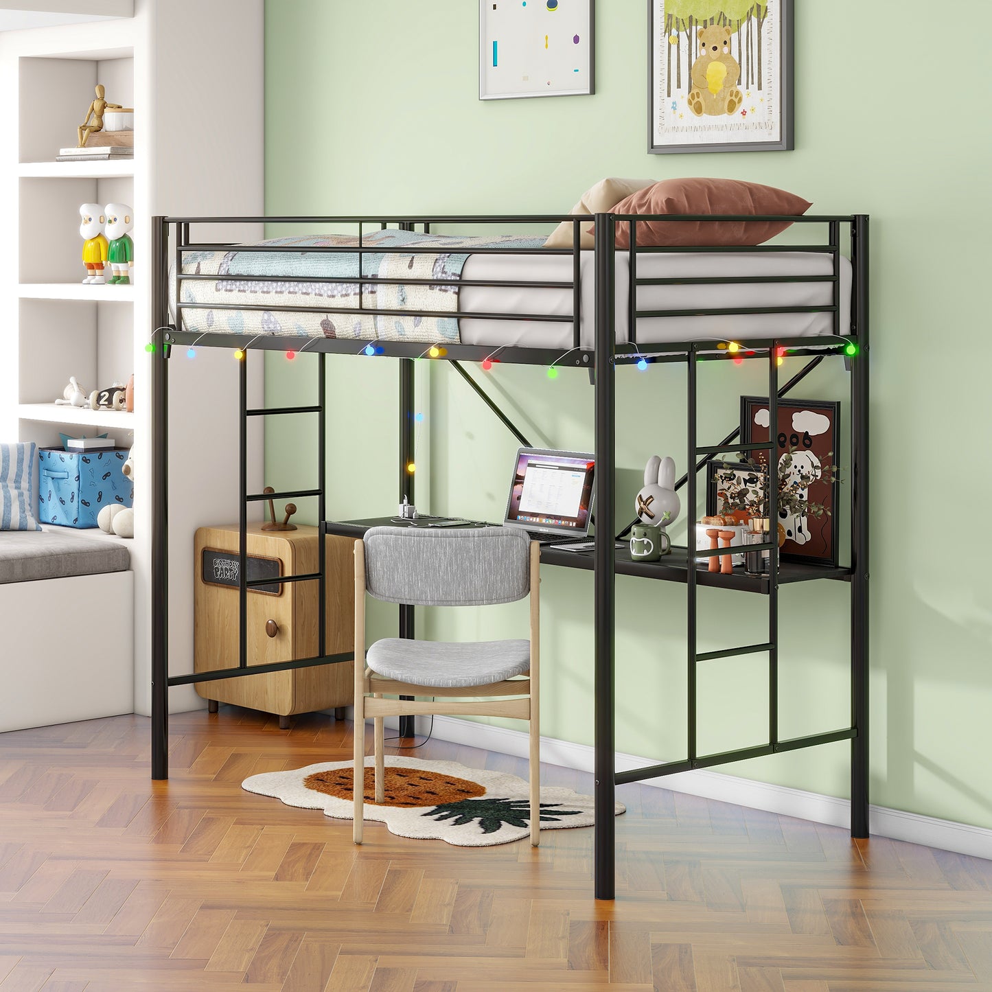 Twin Metal Loft Bed with Desk, Power Outlet and LED Lighted , Safety Guard & Ladder, No Box Spring Needed, Black