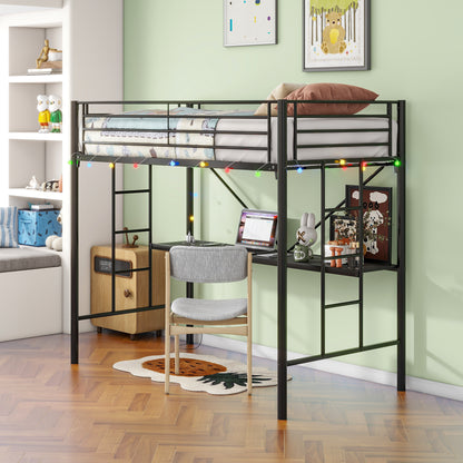 Twin Metal Loft Bed with Desk, Power Outlet and LED Lighted , Safety Guard & Ladder, No Box Spring Needed, Black