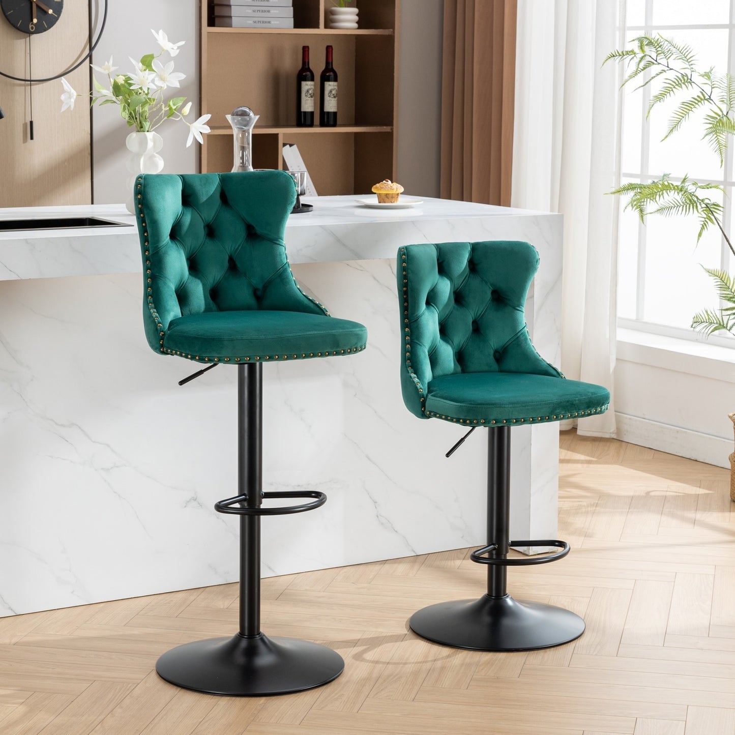 Swivel Velvet Barstools Adjusatble Seat Height from 25-33 Inch,17.7inch base, Modern Upholstered Bar Stools with Backs Comfortable Tufted for Home Pub and Kitchen Island,Green,Set of 2,SW1812GN