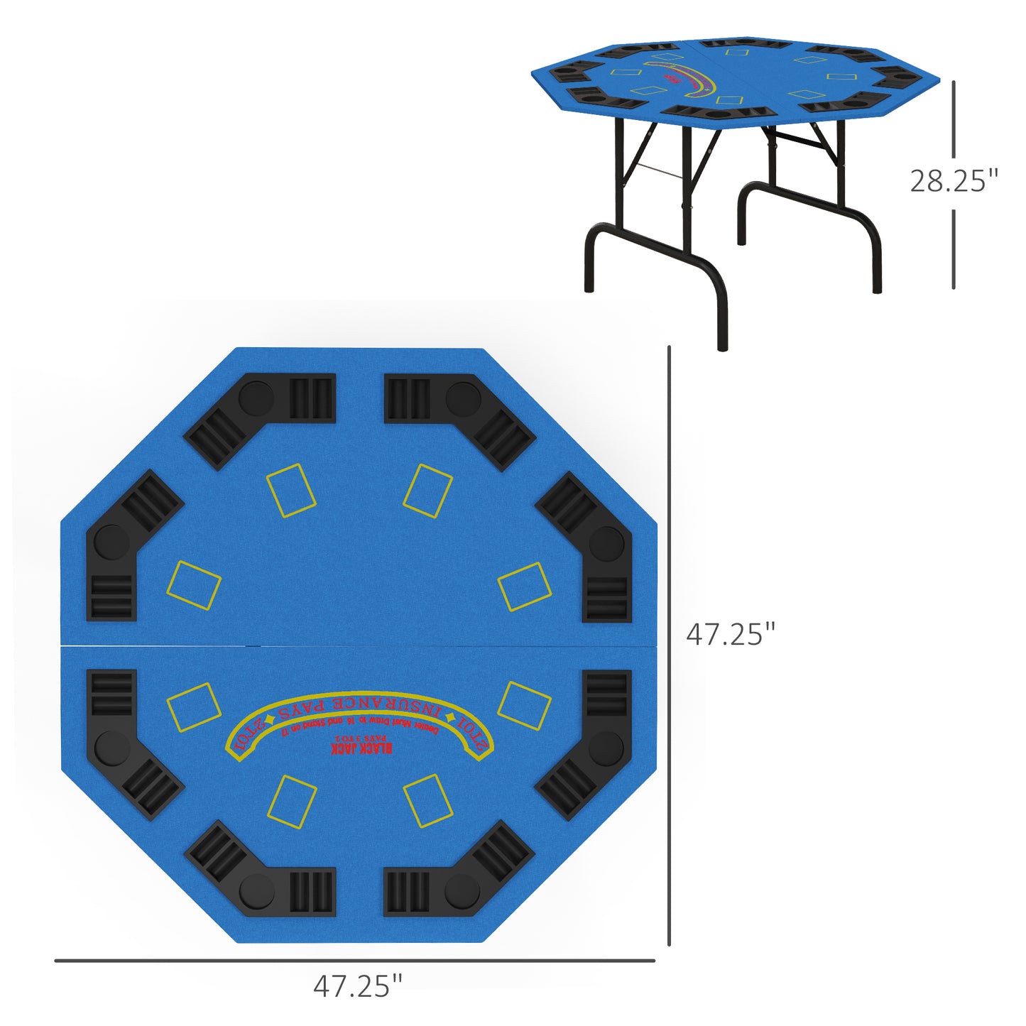 Soozier Poker Table Foldable 47" Octagon Casino Table Blackjack Texas Holdem Poker Table for 8 Players with Chips Tray and Cup Holders, Blue