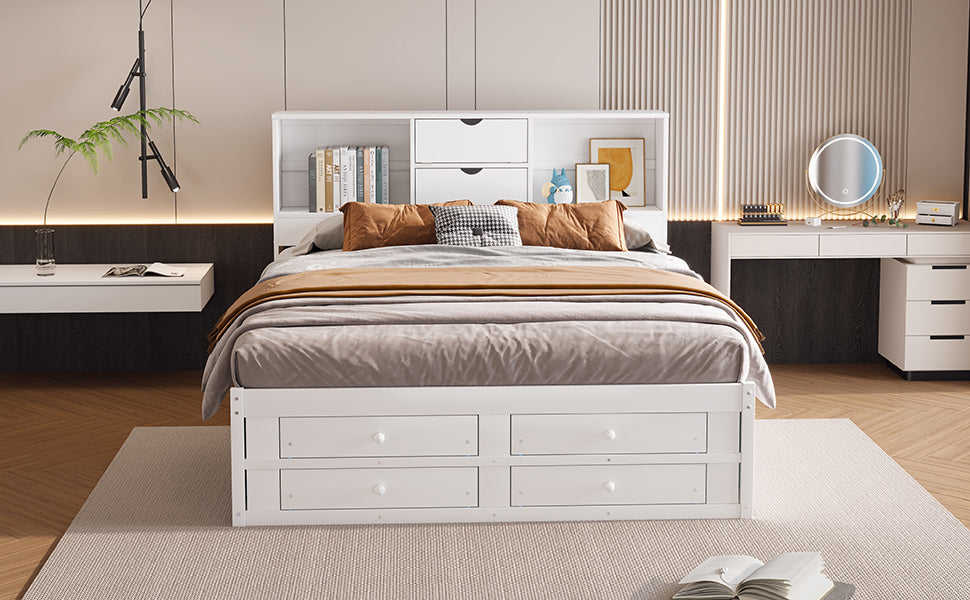 King Size Platform Bed with Storage Headboard and 8 Drawers, White