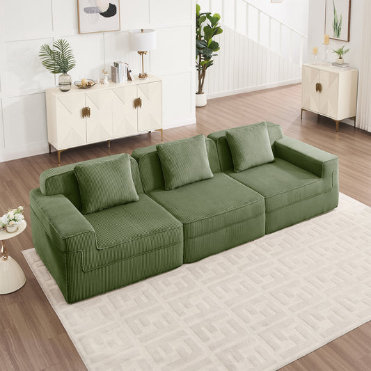 Modular 3 Seat Boneless Sofa, Cloud Sectional Couch with Deep Seat, Modern Modular 3-Seat Sofa Couch with Throw Pillows Corduroy Fabric Green