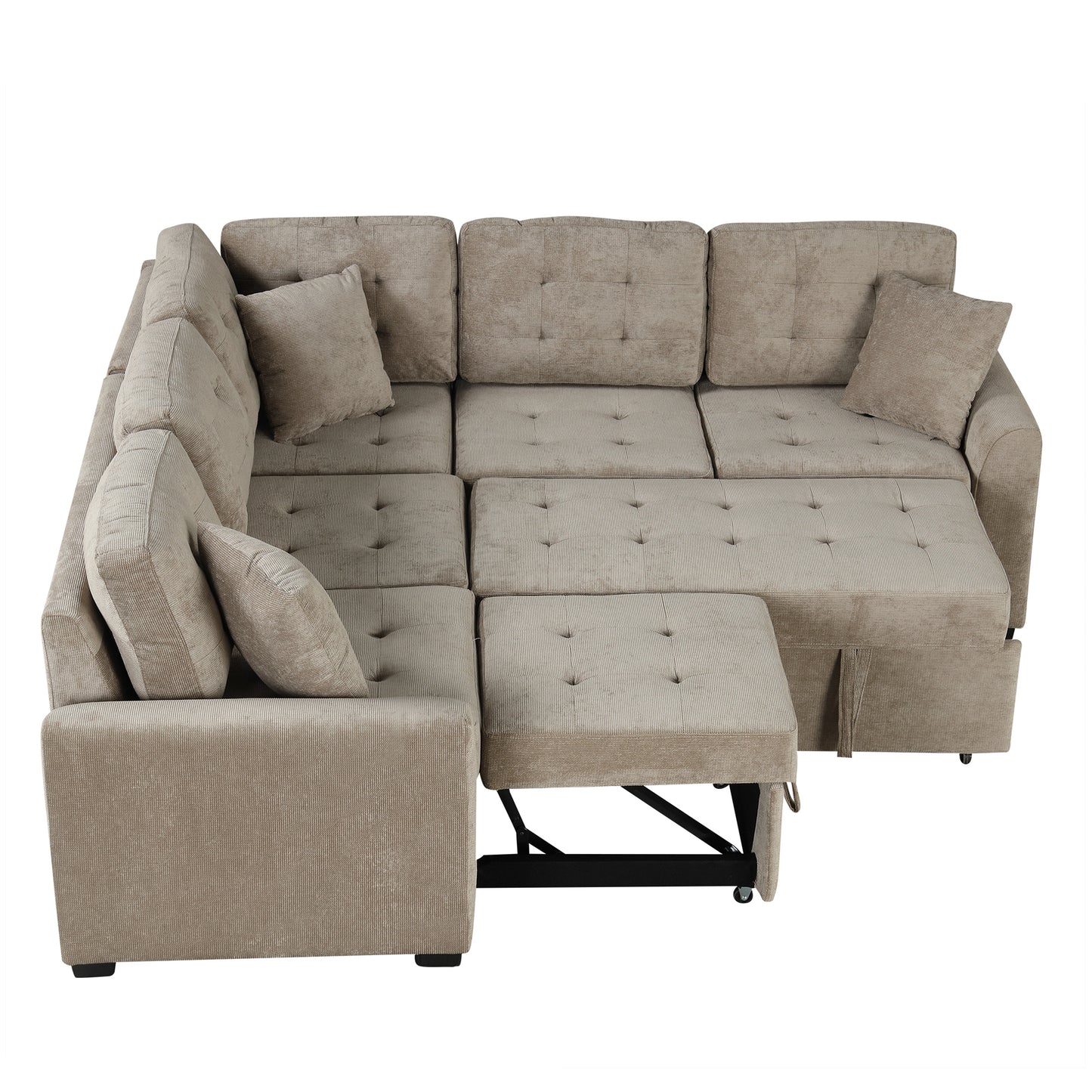 82.6" L-shape Sofa Bed Pull-out Sleeper Sofa with Wheels, USB Ports, Power Sockets for Living Room (SG001230AA), Khaki