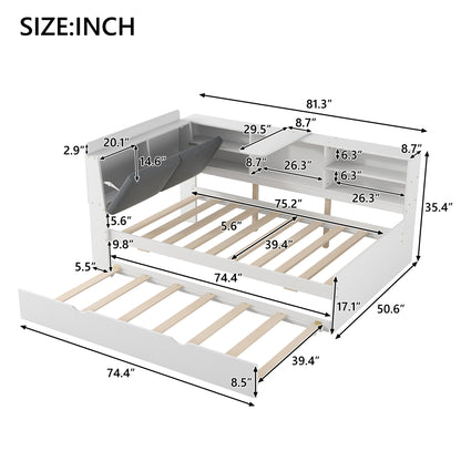 Wood Twin Size platform bed with Trundle, Shelves and Storage Headboard, White