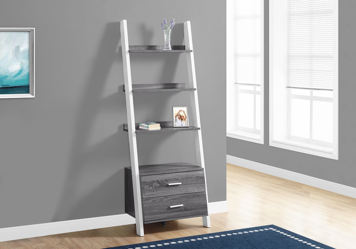 Bookshelf, Bookcase, Etagere, Ladder, 4 Tier, 69"h, Office, Bedroom, Grey And White Laminate, Contemporary, Modern