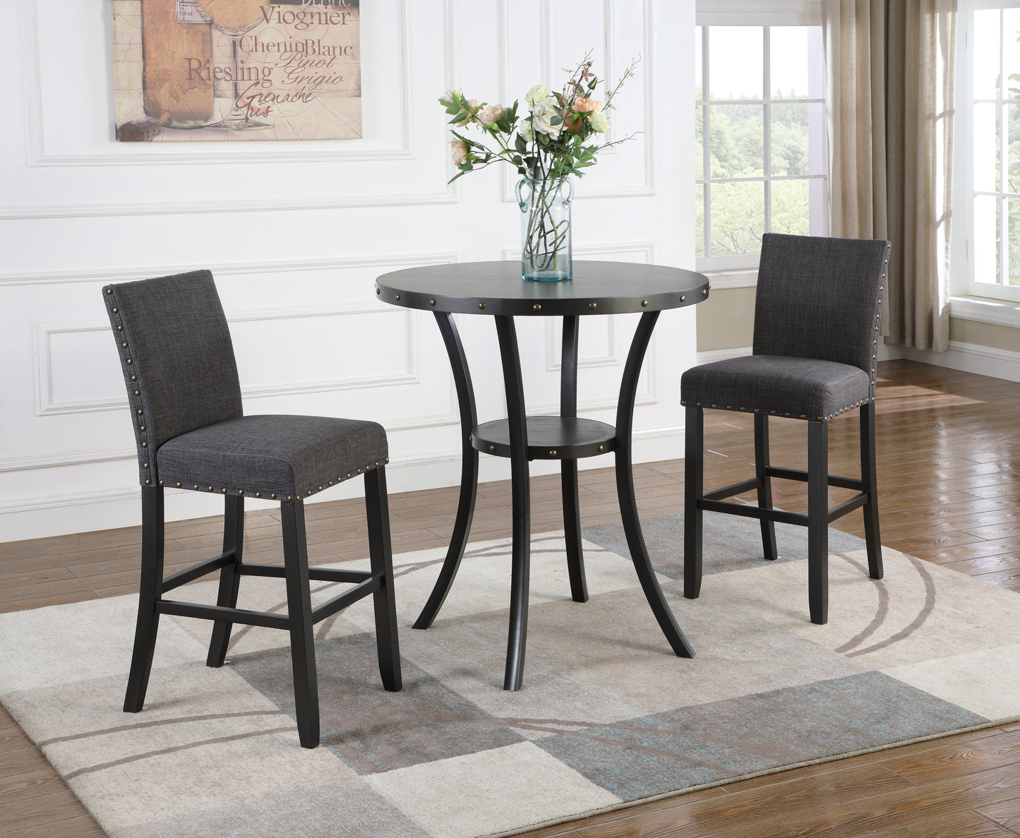 Biony 3-Piece 36' Round Espresso Finish Bar Table with 2 Gray Fabric Nail Head Pub Chairs