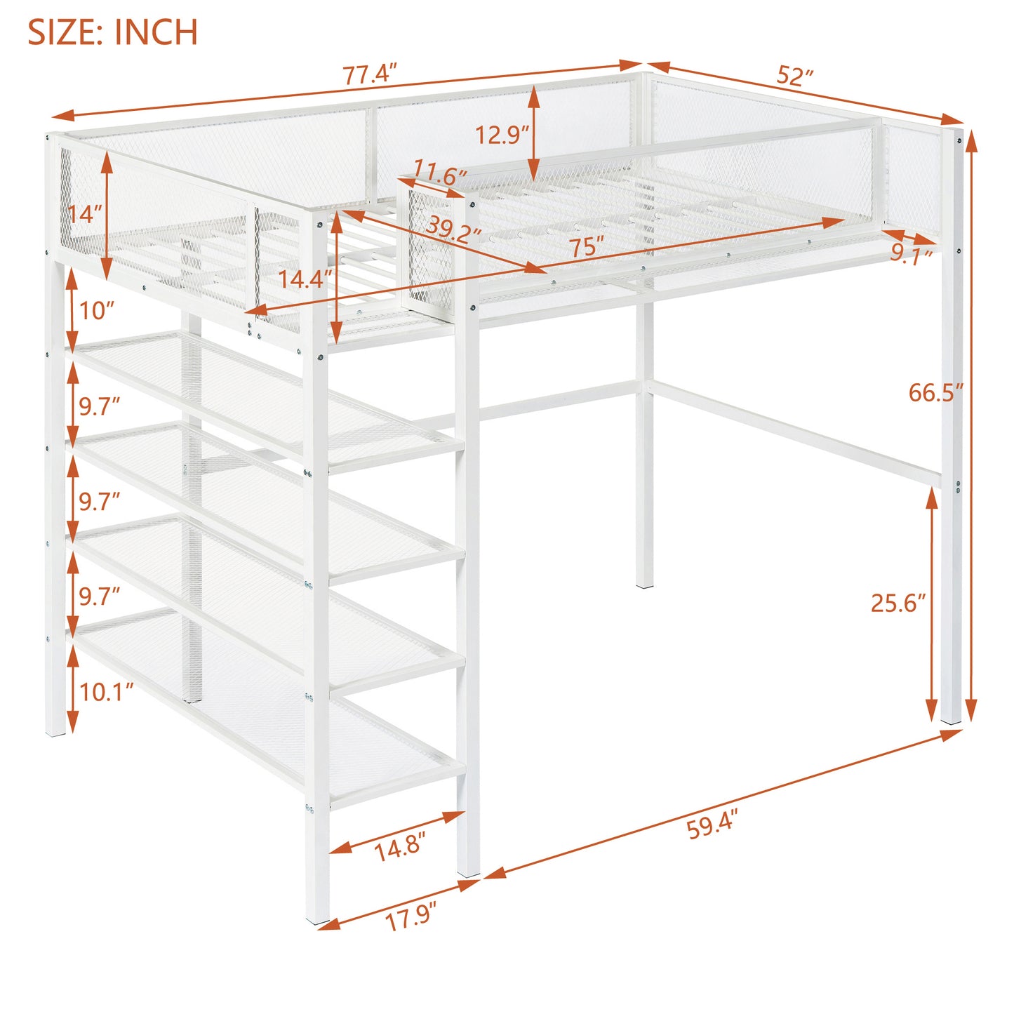 Twin Size Metal Loft Bed with 4-Tier Shelves and Storage, White