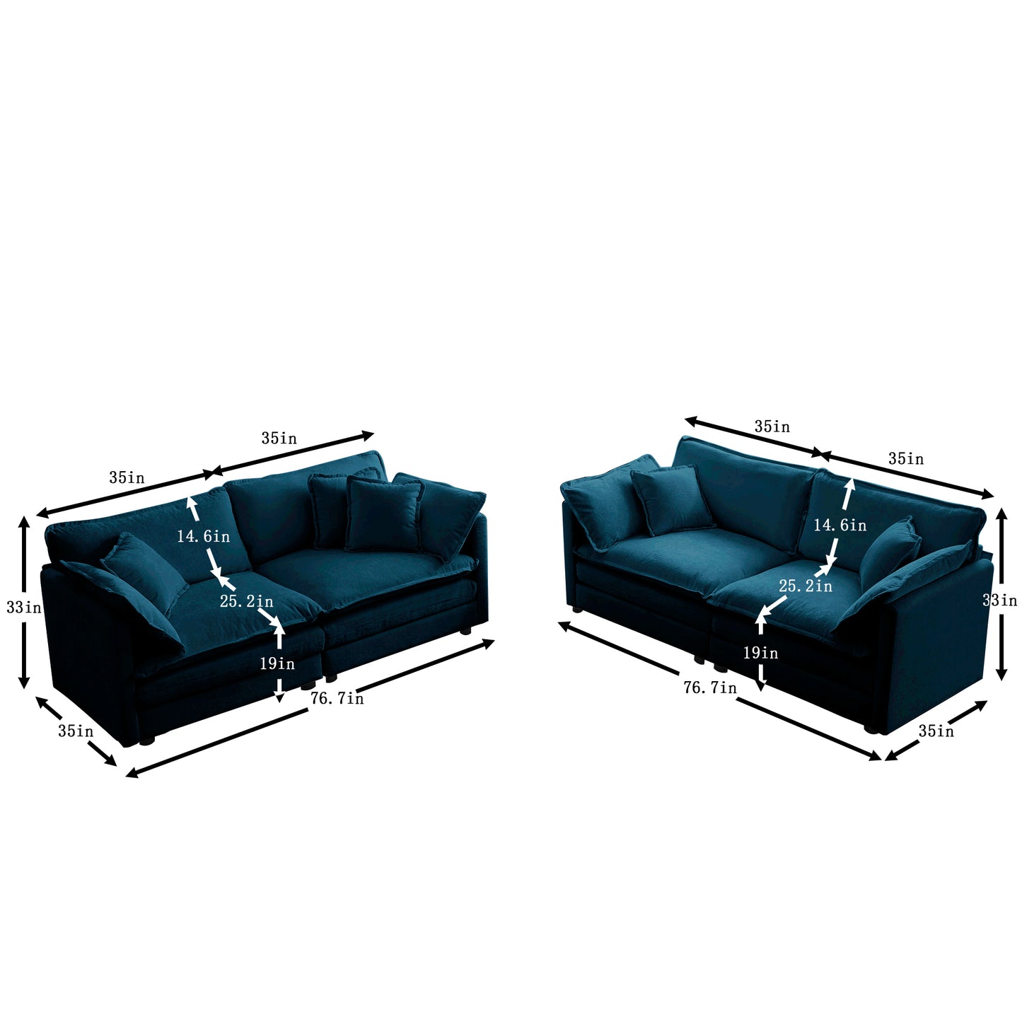 2 - Piece Living Room Set , 2 Pieces Upholstered Loveseat and Couch for Home Office Lounge,  Sofa Set of 2, 2-Piece (2+2 Seat) Couch Set For Living Room ,Blue Chenille