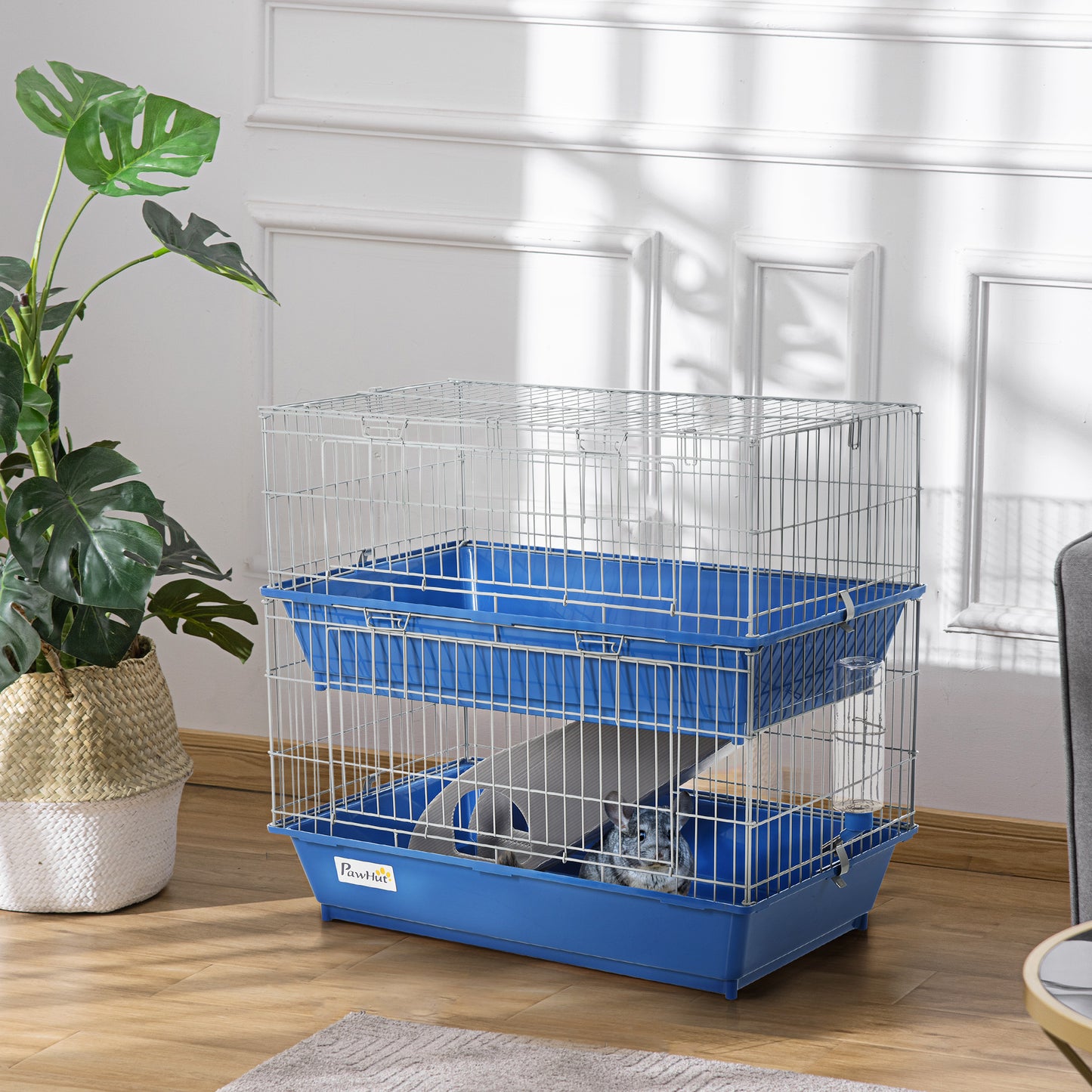 PawHut 2-Tier Guinea Pig Cage, Ferret Cage, Chinchilla Cage, Small Animal Cage Indoor with Dish and Bottle, 2 Doors, Deep Bottoms, Ramp, 28", Blue