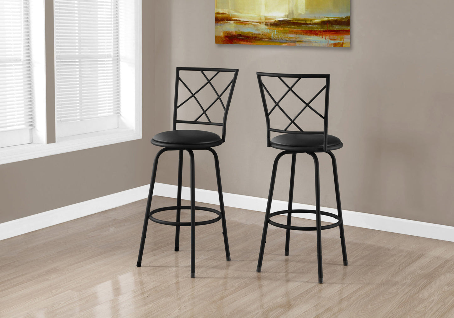 Bar Stool, Set Of 2, Swivel, Bar Height, Black Metal, Leather Look, Contemporary, Modern