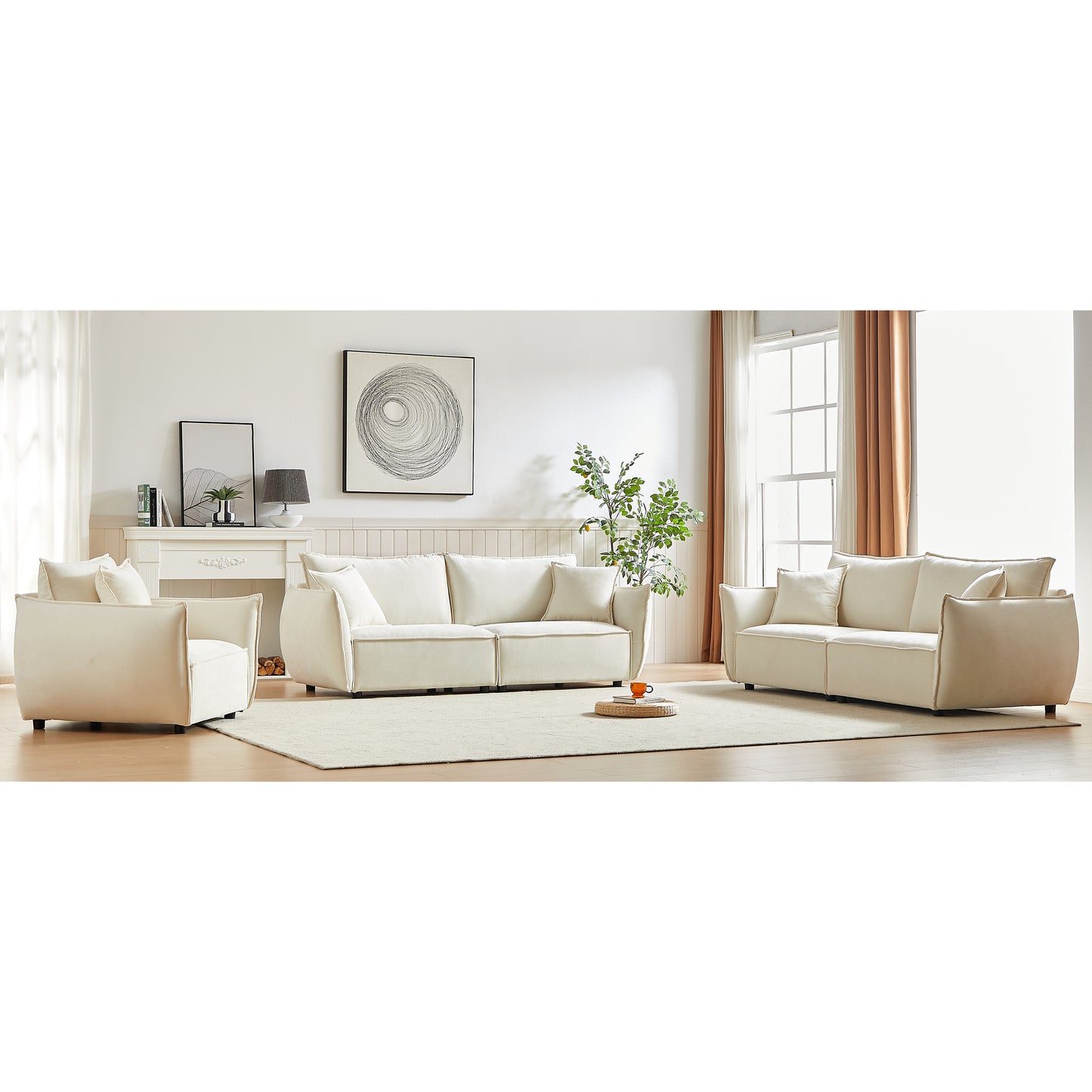 3-Seater + 3-Seater + 1-Seater Combo Sofa Modern Living Room Sofa, Linen Fabric Sofa, Wooden Frame with 5 Pillows, Apartment Sofa Furniture