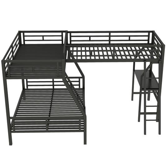 Twin over Full Bunk Bed with Loft and Desk, Metal Black, L-Shaped Design for 3 Sleepers