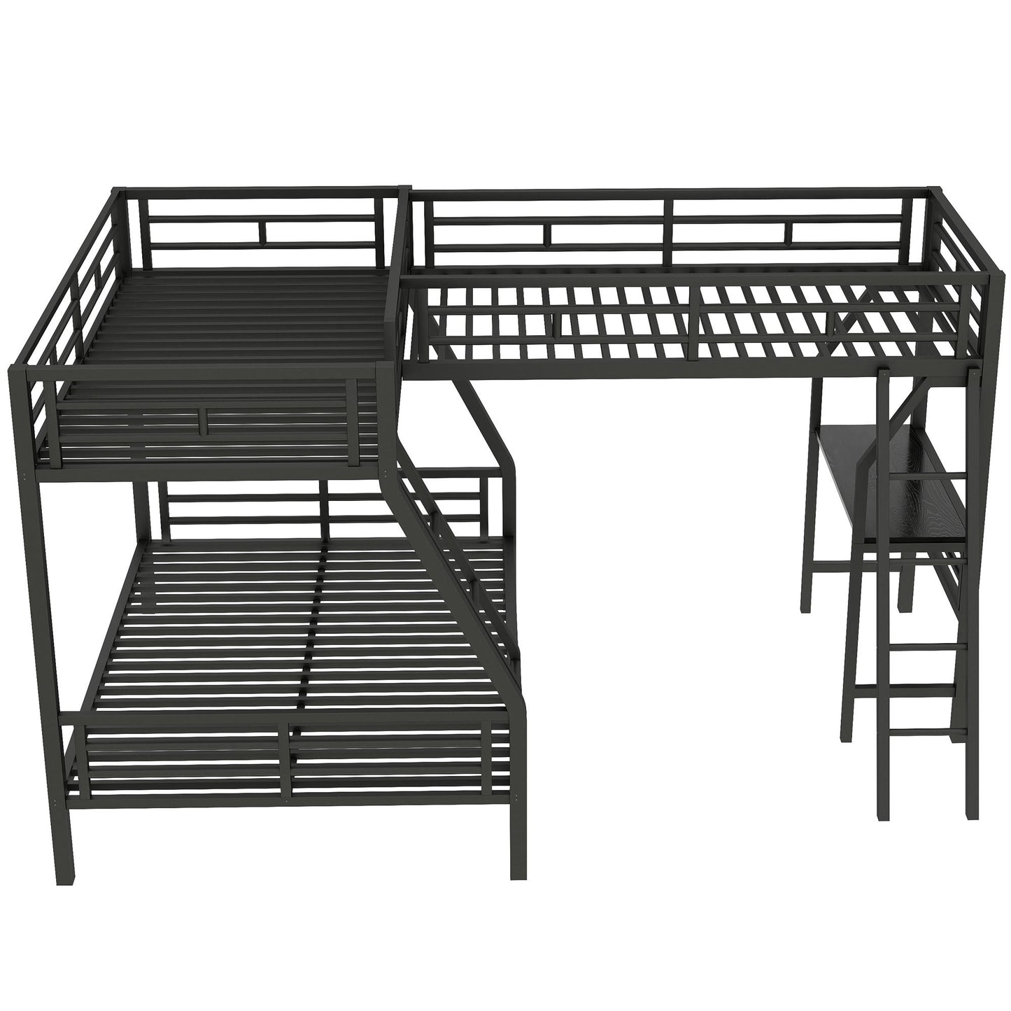 Twin over Full Bunk Bed with Loft and Desk, Metal Black, L-Shaped Design for 3 Sleepers