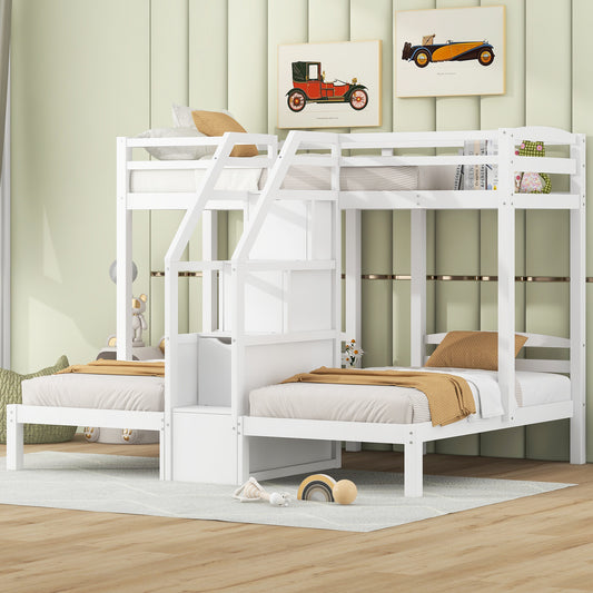 Twin over Twin & Twin Bunk Bed with Built-in Staircase and Storage Drawer,White