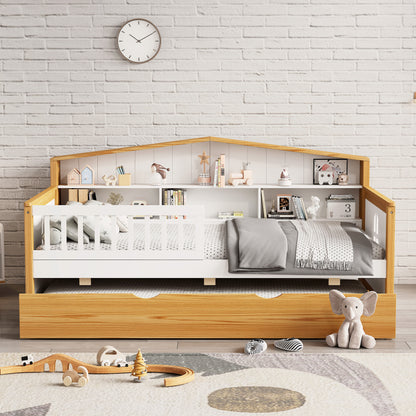 Twin Size House Shape Daybed with Trundle and Bookcase Headboard  Wooden  Bed Safety Fence Guardrails  Bed for Girls Boys Teens, No Box Spring Needed, Walnut and White