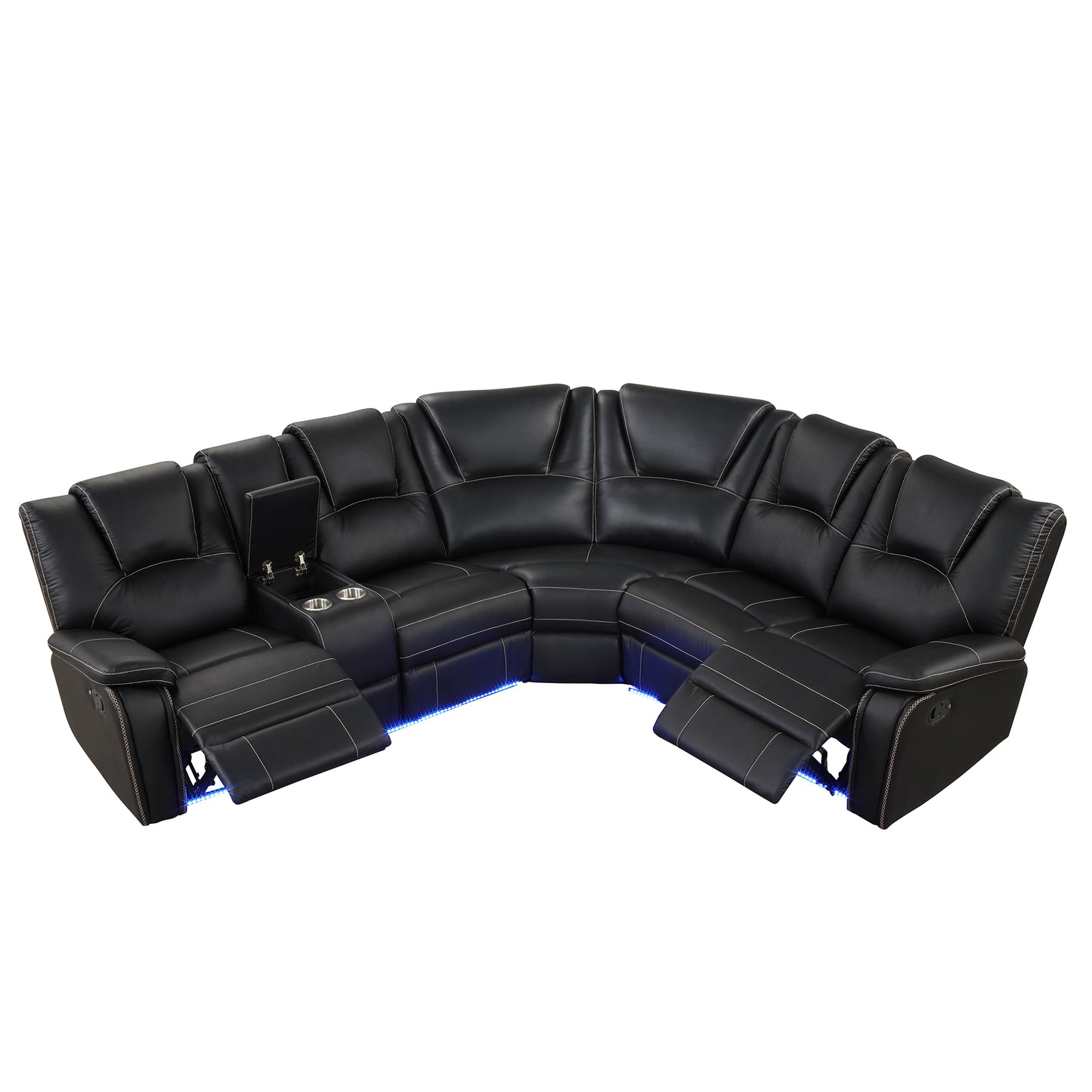 Modern Faux Leather Manual Reclining with Center Console with LED Light Strip,Living Room Furniture Set,PU Symmetrical Couch with 2 Cup Holders and Storage for Living room,Black